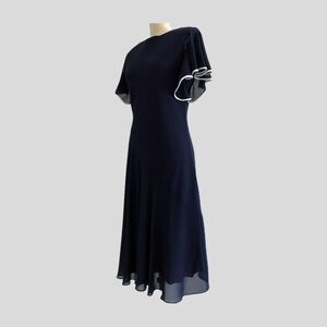 Vintage 90s Pierre Cardin Navy Blue Chiffon Flutter Sleeve Nautical Midi Dress 4